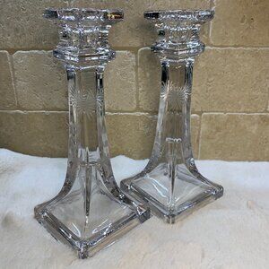 VTG Westmoreland Flower Stem Glass Pillar Candle Holders 7.5" - Set 2